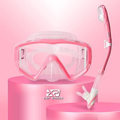 Vision Ensemble de tuba sec, masque de plongée Pano à 3 fenêtres, lunettes de plongée anti-buée et tuba, équipement professionnel de masque de plongée avec tuba pour adulte (ensemble rose) - Publicité Vision Ensemble de tuba sec, masque de plongée Pano à 3 fenêtres, lunettes de plongée anti-buée et tuba, équipement professionnel de masque de plongée avec tuba pour adulte (ensemble rose) - Publicité