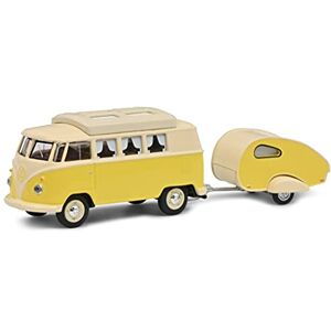 Schuco VW T1 Camper avec remorque Bus avec Toit fermé, modèle de Voiture 1/64, Jaune, 452026700 - Publicité