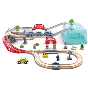 Hape Jouet  Ensemble Circuit Train, Grue et Seau de Rangement 48 Pièces Train, Locomotive, Gare, Voitures, Personnages Jeu Educatif Enfant de 3 ans et Plus Compatible Marques Traditionnelles - Publicité