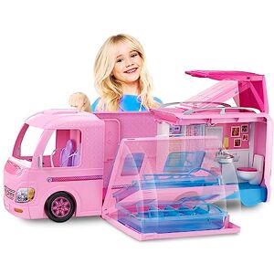 Barbie Mobilier Camping-Car Transformable pour poupées, véhicule de +60 cm incluant Deux hamacs, Accessoires et Piscine, Jouet pour Enfant, FBR34 - Publicité