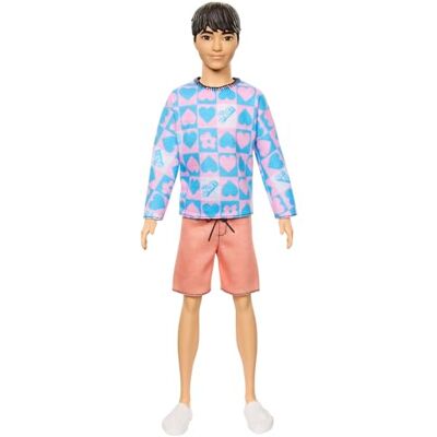 Barbie Poupée Ken Fashionistas avec corps mince, vêtu d’une chemise amovible manches longues à motifs roses et bleus et un short rose, HRH24 - Publicité Barbie Poupée Ken Fashionistas avec corps mince, vêtu d’une chemise amovible manches longues à motifs roses et bleus et un short rose, HRH24 - Publicité
