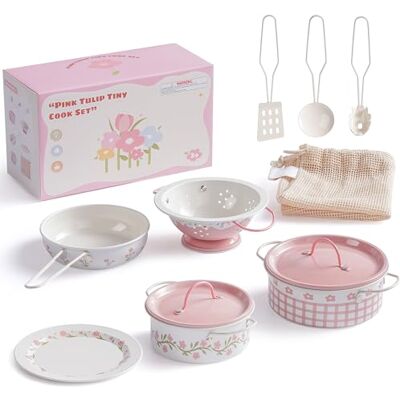 ROBOTIME Ustensiles de cuisine en fer blanc, ensemble d'ustensiles de cuisine à fleurs roses, mini accessoires de cuisine, casseroles et poêles avec un sac en filet, crème style français pour enfants - Publicité ROBOTIME Ustensiles de cuisine en fer blanc, ensemble d'ustensiles de cuisine à fleurs roses, mini accessoires de cuisine, casseroles et poêles avec un sac en filet, crème style français pour enfants - Publicité