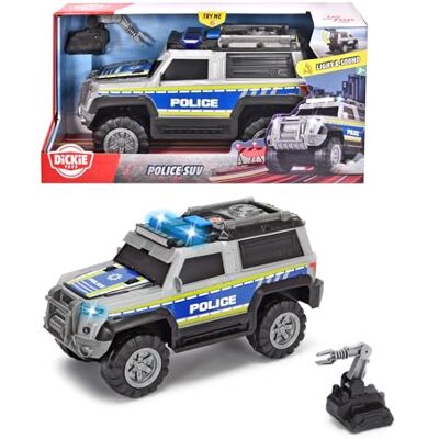 Dickie Toys 203306003 SUV policier avec accessoires Voiture de police Véhicule tout-terrain Jouets de voiture Hayon ouvrable Avec lumière et son Piles incluses 30 cm À partir de 3 ans. Publicité Dickie Toys 203306003 SUV policier avec accessoires Voiture de police Véhicule tout-terrain Jouets de voiture Hayon ouvrable Avec lumière et son Piles incluses 30 cm À partir de 3 ans. Publicité