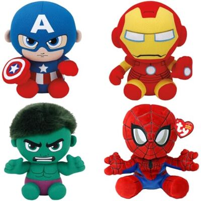 Ty Marvel, Assortiment de 4 Super-héros, Spiderman, Iron Man, Hulk, Captain America, Tous Vos héros préférés en Version Douce en Peluche à Collectionner, 20 cm - Publicité Ty Marvel, Assortiment de 4 Super-héros, Spiderman, Iron Man, Hulk, Captain America, Tous Vos héros préférés en Version Douce en Peluche à Collectionner, 20 cm - Publicité