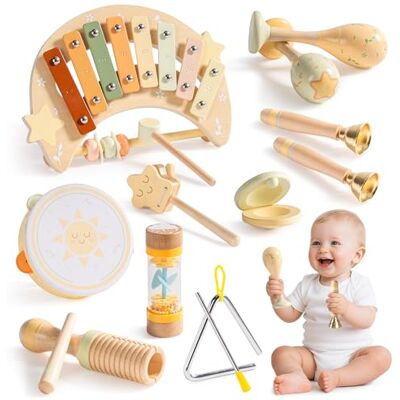 ROBOTIME Ensemble d'instruments de musique en bois pour bébé, jouets à percussion mignons pour tout-petits, comprend Xylophone, maracas, tambourin, triangle, et plus encore – Jouets éducatifs - Publicité ROBOTIME Ensemble d'instruments de musique en bois pour bébé, jouets à percussion mignons pour tout-petits, comprend Xylophone, maracas, tambourin, triangle, et plus encore – Jouets éducatifs - Publicité