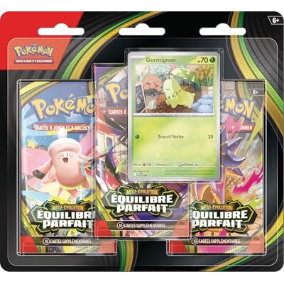 Pokémon : Blister de Trois boosters Méga-Évolution – Équilibre Parfait du (1 Carte Promo Brillante et 3 boosters) JCC - Publicité Pokémon : Blister de Trois boosters Méga-Évolution – Équilibre Parfait du (1 Carte Promo Brillante et 3 boosters) JCC - Publicité