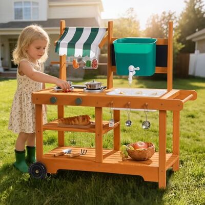 ROBOTIME Mud Kitchen Kit de jeu d'extérieur pour enfants, cuisine de jeu avec roues à roulettes, poignée coulissante, brochettes rotatives, auvent en tissu, tableau et évier à eau réaliste, jeu de - Publicité ROBOTIME Mud Kitchen Kit de jeu d'extérieur pour enfants, cuisine de jeu avec roues à roulettes, poignée coulissante, brochettes rotatives, auvent en tissu, tableau et évier à eau réaliste, jeu de - Publicité