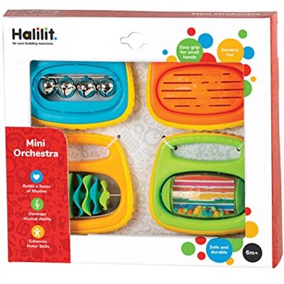 Edushape Halilit Mini Orchestra Baby Gift Set. Includes 4 Colourful Musical Instruments My Bell, Tambaring, Clip Clap and Rock ‘n’ Roll Rattle, Suitable for Boys & Girls from 6 Months + - Publicité Edushape Halilit Mini Orchestra Baby Gift Set. Includes 4 Colourful Musical Instruments My Bell, Tambaring, Clip Clap and Rock ‘n’ Roll Rattle, Suitable for Boys & Girls from 6 Months + - Publicité