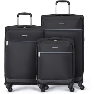 Amazon Basics Set de 3 Valises Souples (53 cm, 64 cm, 76 cm), Avec 4 Roues Pivotantes Multidirectionnelles à 360°, Extensible, Poche Zippée et Sangles, Poignée Télescopique, Noir - Publicité Amazon Basics Set de 3 Valises Souples (53 cm, 64 cm, 76 cm), Avec 4 Roues Pivotantes Multidirectionnelles à 360°, Extensible, Poche Zippée et Sangles, Poignée Télescopique, Noir - Publicité