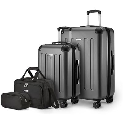 Amazon Basics Ensemble de Bagages Rigides, 4 Pièces, Grande Valise, Bagage Cabine, Sac Fourre-Tout, Sac de Voyage Compact, Extensible, 4 roulettes Pivotantes, Noir - Publicité Amazon Basics Ensemble de Bagages Rigides, 4 Pièces, Grande Valise, Bagage Cabine, Sac Fourre-Tout, Sac de Voyage Compact, Extensible, 4 roulettes Pivotantes, Noir - Publicité