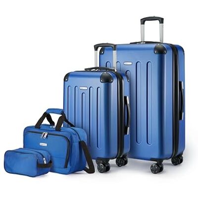 Amazon Basics Ensemble de Bagages Rigides, 4 Pièces, Grande Valise, Bagage Cabine, Sac Fourre-Tout, Sac de Voyage Compact, Extensible, 4 roulettes Pivotantes, Bleu Marine - Publicité Amazon Basics Ensemble de Bagages Rigides, 4 Pièces, Grande Valise, Bagage Cabine, Sac Fourre-Tout, Sac de Voyage Compact, Extensible, 4 roulettes Pivotantes, Bleu Marine - Publicité