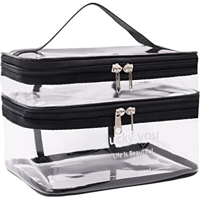 Yuknees Trousse transparente pour articles de toilette, grand sac de voyage en PVC pour cosmétiques à double couche trousse de maquillage pour femmes et filles, Noir - Publicité Yuknees Trousse transparente pour articles de toilette, grand sac de voyage en PVC pour cosmétiques à double couche trousse de maquillage pour femmes et filles, Noir - Publicité