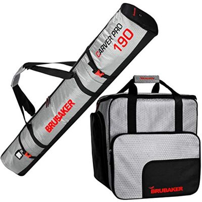 BRUBAKER Set de Ski 'CarverTec Pro' Housse à Skis & Sac à Chaussures de Ski pour 1 Paire de Skis + Bâtons + Chaussures + Casque Argenté/Rouge - Publicité BRUBAKER Set de Ski 'CarverTec Pro' Housse à Skis & Sac à Chaussures de Ski pour 1 Paire de Skis + Bâtons + Chaussures + Casque Argenté/Rouge - Publicité