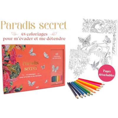 Collectif Coffret Paradis secret 48 coloriages pour m'évader et me détendre: Un carnet avec des feuilles détachables et 10 crayons de couleur - Publicité Collectif Coffret Paradis secret 48 coloriages pour m'évader et me détendre: Un carnet avec des feuilles détachables et 10 crayons de couleur - Publicité
