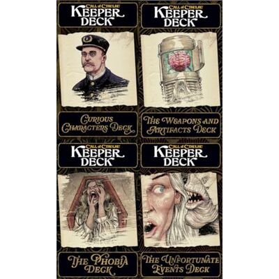 Chaosium Call of Cthulhu Keeper Decks 2nd Edition 4 RPG Card Decks with NPCs, Madness, Events & Weapons Game Aid for Keepers & Storytellers - Publicité Chaosium Call of Cthulhu Keeper Decks 2nd Edition 4 RPG Card Decks with NPCs, Madness, Events & Weapons Game Aid for Keepers & Storytellers - Publicité