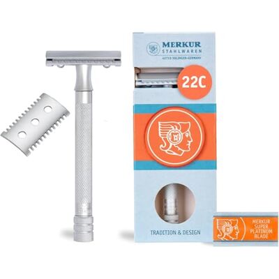 MERKUR Rasoir 22C Kit Premium avec peigne ouvert & fermé Chromé mat satiné Rasoir en trois parties à coupe droite Idéal pour le rasage humide Moulage sous pression de zinc Fabriqué en - Publicité MERKUR Rasoir 22C Kit Premium avec peigne ouvert & fermé Chromé mat satiné Rasoir en trois parties à coupe droite Idéal pour le rasage humide Moulage sous pression de zinc Fabriqué en - Publicité