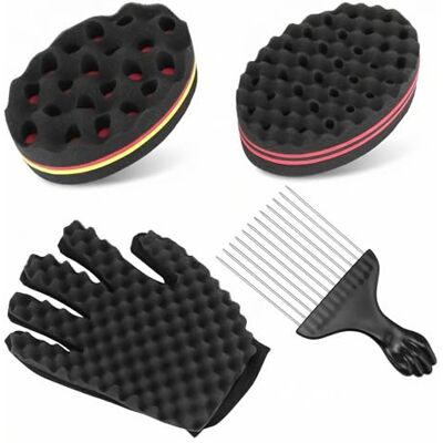 QWORK ® 4 pièces brosse éponge à cheveux grands et petits trous avec peignes et gants pour dreads et boucles, pour barbier et maison - Publicité QWORK ® 4 pièces brosse éponge à cheveux grands et petits trous avec peignes et gants pour dreads et boucles, pour barbier et maison - Publicité