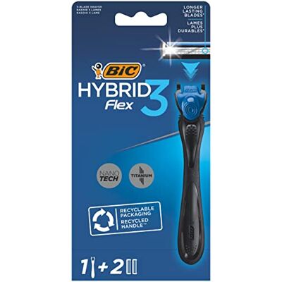 BIC Hybrid 3 Flex Kit rasoir rechargeable pour homme, manche 90% plastique recyclé et recharges 3 lames Boîte de 1+2 - Publicité BIC Hybrid 3 Flex Kit rasoir rechargeable pour homme, manche 90% plastique recyclé et recharges 3 lames Boîte de 1+2 - Publicité