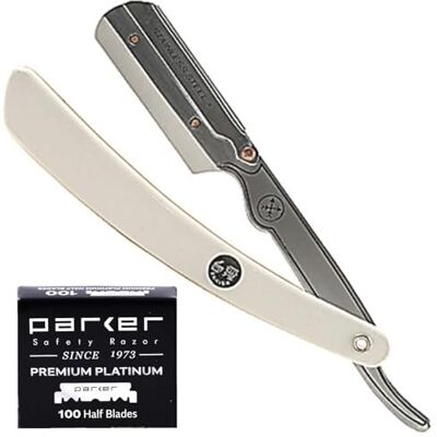 Parker Srw Bord Droit en acier inoxydable Coiffeur rasoir et 100 Shark super Lames inoxydable blanc - Publicité Parker Srw Bord Droit en acier inoxydable Coiffeur rasoir et 100 Shark super Lames inoxydable blanc - Publicité