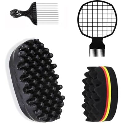 Gansdnek 4 Pièces Brosse à cheveux bouclée, peigne de fourche à aiguille en acier, Éponge Twist Afro Peigne pour Cheveux Crépus avec Gants d'Éponge pour les Cheveux Bouclés Tressés Sales, Enroulé - Publicité Gansdnek 4 Pièces Brosse à cheveux bouclée, peigne de fourche à aiguille en acier, Éponge Twist Afro Peigne pour Cheveux Crépus avec Gants d'Éponge pour les Cheveux Bouclés Tressés Sales, Enroulé - Publicité