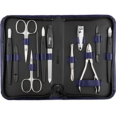 marQus Mega kit manucure Solingen 12 pièces coffret cadeau femme/homme, coupe ongle, limes a ongles, pince à épiler, repousse cuticule, cuir bleu foncé - Publicité marQus Mega kit manucure Solingen 12 pièces coffret cadeau femme/homme, coupe ongle, limes a ongles, pince à épiler, repousse cuticule, cuir bleu foncé - Publicité