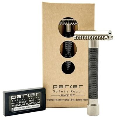 Rasoir de sécurité Parker, LA VARIANTE À PEIGNE OUVERT Rasoir double tranchant réglable, personnalisez votre rasage en tournant le cadran de doux à agressif 5 lames incluses (Gris graphite) - Publicité Rasoir de sécurité Parker, LA VARIANTE À PEIGNE OUVERT Rasoir double tranchant réglable, personnalisez votre rasage en tournant le cadran de doux à agressif 5 lames incluses (Gris graphite) - Publicité