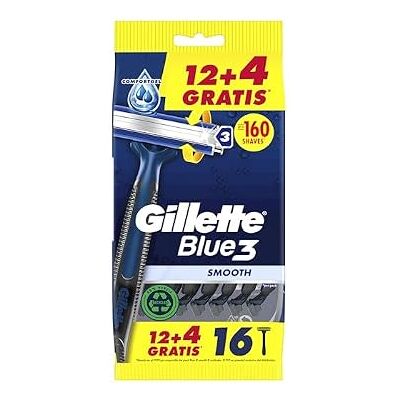 Gillette Blue3 Smooth Lot de 16 rasoirs jetables pour homme, trois lames, 12 + 4 - Publicité Gillette Blue3 Smooth Lot de 16 rasoirs jetables pour homme, trois lames, 12 + 4 - Publicité