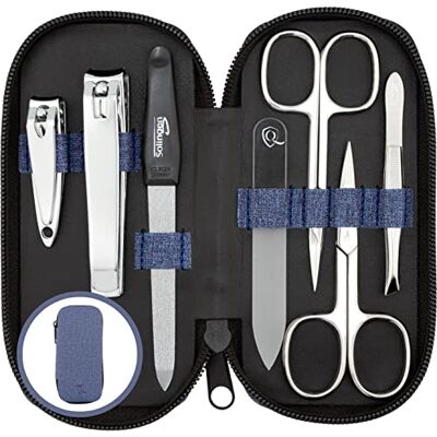 marQus kit manucure pedicure 7 pc. de Solingen kit manucure professionnelle cuir synthétique avec look denim, 2 coupe ongle, limes a ongles Solingen, pince à épiler, 2 ciseaux, lime a ongle verre - Publicité marQus kit manucure pedicure 7 pc. de Solingen kit manucure professionnelle cuir synthétique avec look denim, 2 coupe ongle, limes a ongles Solingen, pince à épiler, 2 ciseaux, lime a ongle verre - Publicité