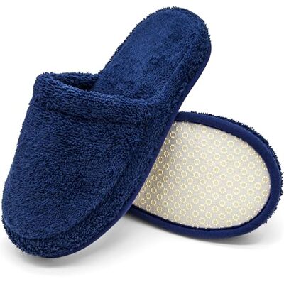 jazzylab Pantoufles de bain en éponge – Chaussons invités en coton avec mousse à mémoire, antidérapants, lavables – Pour hôtel, spa, sauna – Bleu Marine, 43-46, MA-2 - Publicité jazzylab Pantoufles de bain en éponge – Chaussons invités en coton avec mousse à mémoire, antidérapants, lavables – Pour hôtel, spa, sauna – Bleu Marine, 43-46, MA-2 - Publicité