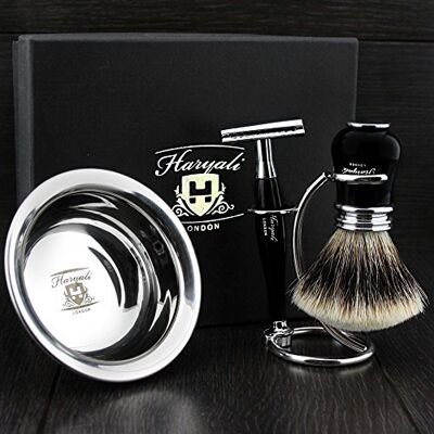 Haryali London Kit de rasage pour hommes 4 pièces avec rasoir de sécurité à double tranchant, brosse, support et bol Ensemble parfait pour hommes - Publicité Haryali London Kit de rasage pour hommes 4 pièces avec rasoir de sécurité à double tranchant, brosse, support et bol Ensemble parfait pour hommes - Publicité
