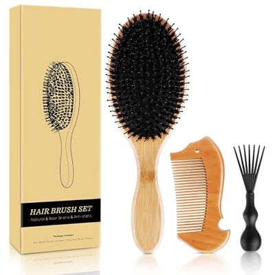 FRCOLOR Brosse à cheveux en poils de sanglier naturels Pour homme et femme Brosse à cheveux en bambou Convient pour tous les types de cheveux et longueurs Bois inclus - Publicité FRCOLOR Brosse à cheveux en poils de sanglier naturels Pour homme et femme Brosse à cheveux en bambou Convient pour tous les types de cheveux et longueurs Bois inclus - Publicité