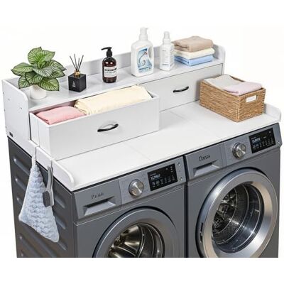 VEVOR Comptoir pour Lave Linge et Sèche Linge avec Étagère, Plan de Travail pour Machine à Laver 137x69,9 cm, pour Rangement Aménagement Buanderie, Plateau en Bois avec Tiroirs et Crochets, Blanc - Publicité VEVOR Comptoir pour Lave Linge et Sèche Linge avec Étagère, Plan de Travail pour Machine à Laver 137x69,9 cm, pour Rangement Aménagement Buanderie, Plateau en Bois avec Tiroirs et Crochets, Blanc - Publicité