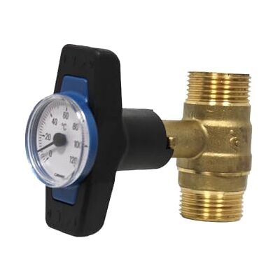 Thermador Clapet antithermosiphon, Vanne départ-retour Vanne thermomètre intégré poignée bleue Mâle Mâle 1" (26/34) - Publicité Thermador Clapet antithermosiphon, Vanne départ-retour Vanne thermomètre intégré poignée bleue Mâle Mâle 1" (26/34) - Publicité
