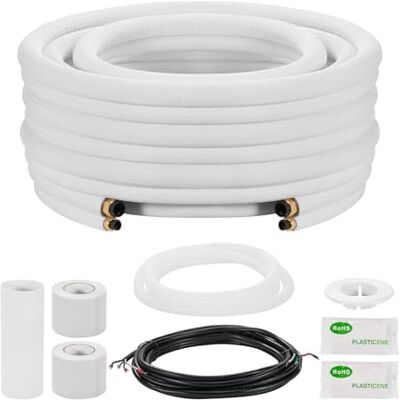 VEVOR Kit Liaison Frigorifique Tuyau en Cuivre Mini-split 6,4 mm 9,5 mm Diamètre Extérieur, 15,2 m Longueur, Bobine Isolée en PE Blanc Épais 9,5 mm avec Écrous, Raccords, pour Mini Climatiseurs Split - Publicité VEVOR Kit Liaison Frigorifique Tuyau en Cuivre Mini-split 6,4 mm 9,5 mm Diamètre Extérieur, 15,2 m Longueur, Bobine Isolée en PE Blanc Épais 9,5 mm avec Écrous, Raccords, pour Mini Climatiseurs Split - Publicité