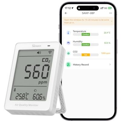 SONOFF AirGuard CO2, Moniteur Intelligent de Qualité d'Air Intérieur, Compatible Matter, WiFi 2,4 GHz, Détecteur de CO2/Temp/Humidité, Affichage & Alarme en Temps Réel, pour Chambre/Chambre d'Enfant - Publicité SONOFF AirGuard CO2, Moniteur Intelligent de Qualité d'Air Intérieur, Compatible Matter, WiFi 2,4 GHz, Détecteur de CO2/Temp/Humidité, Affichage & Alarme en Temps Réel, pour Chambre/Chambre d'Enfant - Publicité