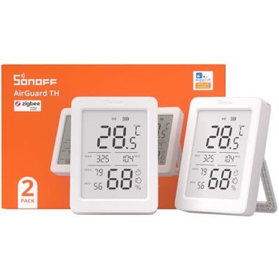 SONOFF AirGuard TH SNZB-02DR2 Capteur Zigbee Température Humidité, Écran LCD 3,6 Pouces, Thermomètre Hygromètre avec Alertes via Application, Surveillance à Distance pour Serre et Cave à Vin, Lot de 2 - Publicité SONOFF AirGuard TH SNZB-02DR2 Capteur Zigbee Température Humidité, Écran LCD 3,6 Pouces, Thermomètre Hygromètre avec Alertes via Application, Surveillance à Distance pour Serre et Cave à Vin, Lot de 2 - Publicité