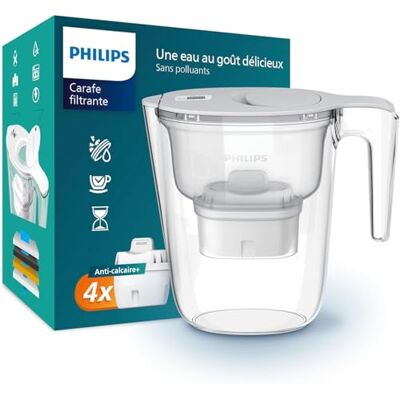 Philips Water Carafe filtrante +4 cartouches filtrantes de remplacement Anti-calcaire+, JUSQU'À 50% DE RÉDUCTION DE LA DURETÉ EN PLUS, débit rapide, blanc, 2,6 litres, minuterie électronique - Publicité Philips Water Carafe filtrante +4 cartouches filtrantes de remplacement Anti-calcaire+, JUSQU'À 50% DE RÉDUCTION DE LA DURETÉ EN PLUS, débit rapide, blanc, 2,6 litres, minuterie électronique - Publicité