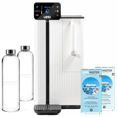 LANG WATER Purificateur d'Eau du Robinet par Osmose Inverse avec Minéraux Osmoseur avec minéralisation ajustable, UV, distributeur d'eau chaude et Packs de Minéraux Swiss-made, sans installation - Publicité LANG WATER Purificateur d'Eau du Robinet par Osmose Inverse avec Minéraux Osmoseur avec minéralisation ajustable, UV, distributeur d'eau chaude et Packs de Minéraux Swiss-made, sans installation - Publicité