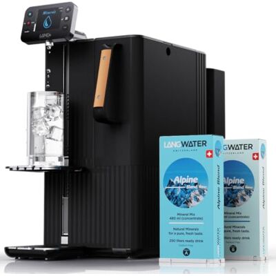 LANG WATER Purificateur d'Eau du Robinet par Osmose Inverse avec Minéraux Osmoseur avec minéralisation ajustable, UV, distributeur d'eau chaude et Packs de Minéraux Swiss-made, sans installation - Publicité LANG WATER Purificateur d'Eau du Robinet par Osmose Inverse avec Minéraux Osmoseur avec minéralisation ajustable, UV, distributeur d'eau chaude et Packs de Minéraux Swiss-made, sans installation - Publicité