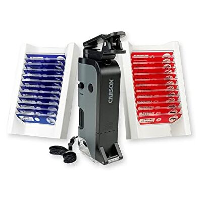 Carson MicroFlip Microscope de poche avec lumière LED avec base coulissante, clip adaptateur pour smartphone et lampe UV - Publicité Carson MicroFlip Microscope de poche avec lumière LED avec base coulissante, clip adaptateur pour smartphone et lampe UV - Publicité