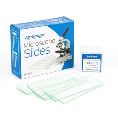 AmScope Lot de 50 lames vierges et pré-nettoyées pour microscope avec 100 lamelles 22 x 22 mm - Publicité AmScope Lot de 50 lames vierges et pré-nettoyées pour microscope avec 100 lamelles 22 x 22 mm - Publicité