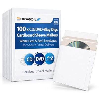 Dragon Lot de 100 pochettes d'expédition en carton blanc à décoller et à sceller pour CD, DVD et Blu-ray Disc Protection rigide pour expédition à un seul disque - Publicité Dragon Lot de 100 pochettes d'expédition en carton blanc à décoller et à sceller pour CD, DVD et Blu-ray Disc Protection rigide pour expédition à un seul disque - Publicité