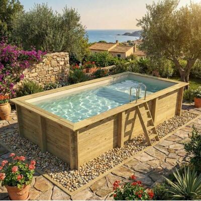 Altanka Piscine bois AQUA 4.65 x 2.85 - H.1.24 m avec plage - Bleu clair - Publicité Altanka Piscine bois AQUA 4.65 x 2.85 - H.1.24 m avec plage - Bleu clair - Publicité