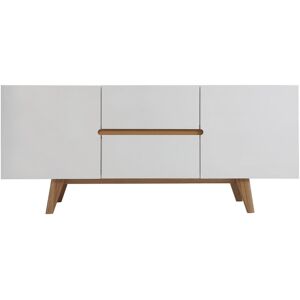 Miliboo Buffet scandinave blanc brillant et finition bois clair 2 portes 2 tiroirs L160cm MELKA