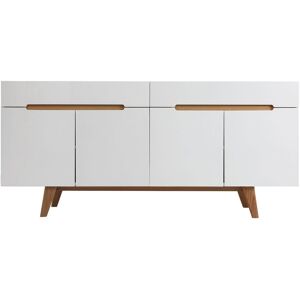 Miliboo Buffet scandinave blanc brillant et finition bois clair 4 portes 2 tiroirs L180 cm MELKA