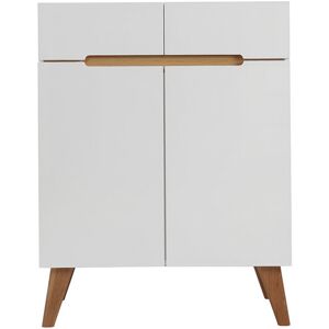 Miliboo Buffet scandinave blanc brillant et finition bois clair 2 portes 2 tiroirs L80cm MELKA