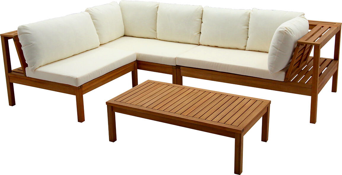 Miliboo Salon de jardin d'angle 6 places en bois massif avec coussins déhoussables beige naturel BELIZE