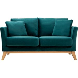 Miliboo Canape scandinave dehoussable 2 places en tissu velours bleu petrole et bois clair OSLO