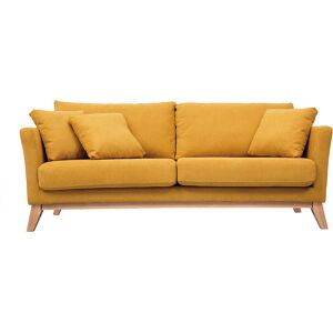 Miliboo Canape scandinave dehoussable 3 places en tissu effet velours jaune moutarde et bois clair OSLO