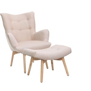 Miliboo Fauteuil avec repose-pieds scandinave en tissu rose poudre et bois clair BRISTOL